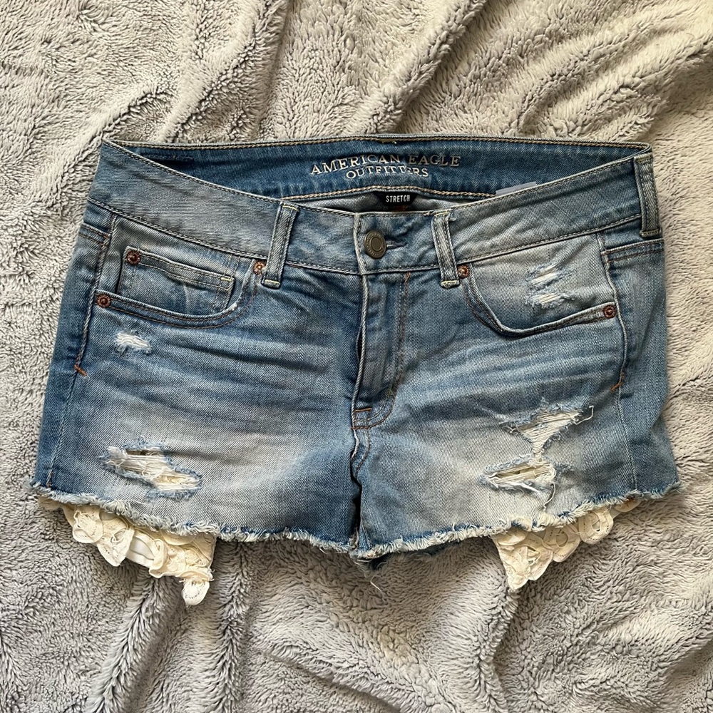 American Eagle Outfitters Blue Jean Shorts with Frayed Hem and lace  size 10